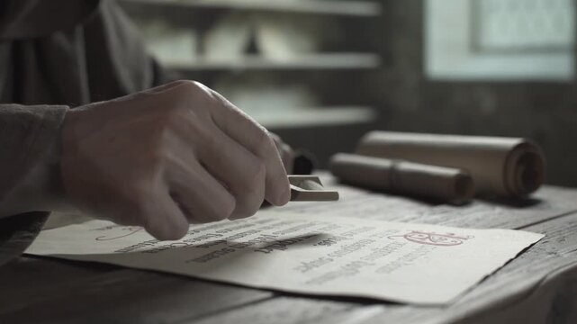 Hands of a monastic scribe with a wooden spatula scattering sand onto a fresh text line on an illuminated manuscript page, with scrolls in the background, inside a scriptorium