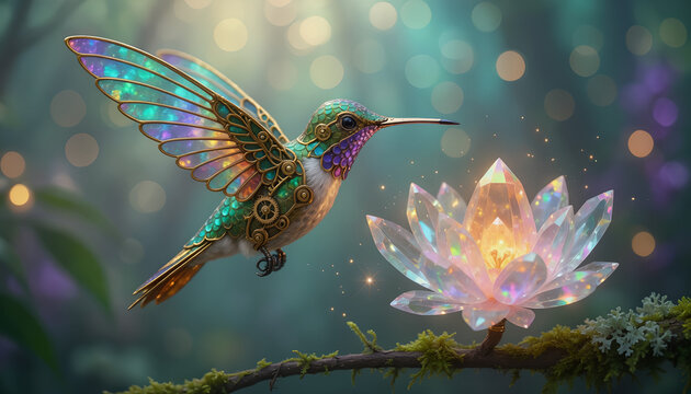 A magical mechanical hummingbird hovering near a glowing crystal lotus flower in a dreamlike forest.