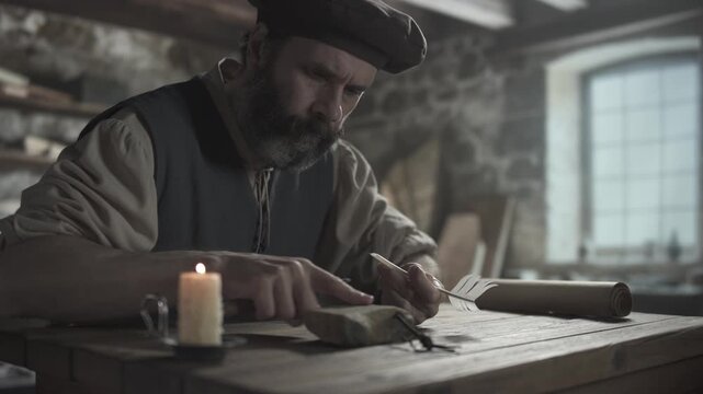 Medieval master wetting a whetstone surface with a wet finger and sharpening a small penknife blade near a burning candle on a rustic table inside a dimly lit workshop
