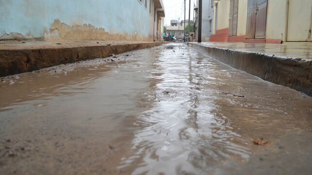 A narrow alleyway after rainfall, showcasing puddles and water flowing on the ground, highlighting environmental impact.