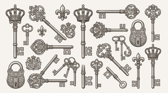 Antique key silhouettes. Medieval and modern keys, black vintage shapes set. Open door symbols, privacy and escape. Abstract tidy vector elements