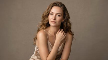 Obraz premium Portrait elegant beautiful young woman featuring soft wavy hair natural clean makeup wearing beige silk top posing gently against warm neutral brown background