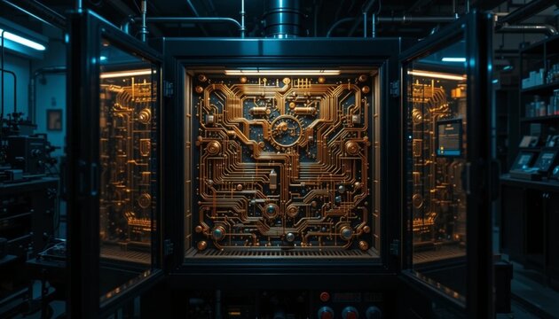 An ultra-low temperature dilution refrigerator tank, open to reveal intricate copper and gold wiring patterns, dark moody laboratory ambiance