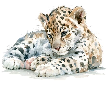 Adorable watercolor painting of a baby snow leopard cub lying down looking forward