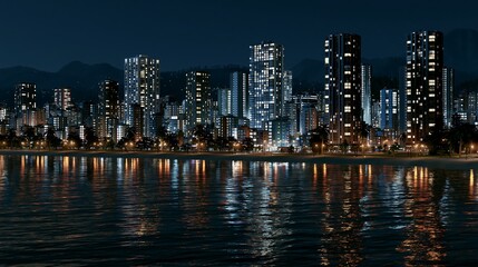 Obraz premium A serene cityscape at night with skyscrapers reflecting lights on the water