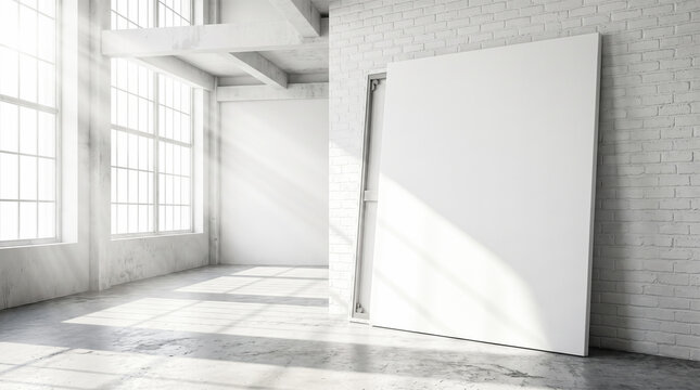 Large blank white canvas mockup leaning against brick wall inside bright industrial loft studio space empty exhibition frame modern interior design concept