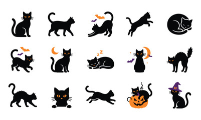 Naklejka premium Collection of black cat silhouettes with halloween elements on a white background for spooky seasonal designs and festive occasions