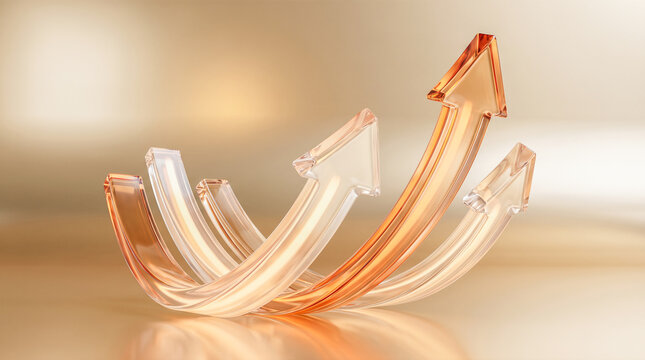 Upward pointing transparent glass arrows showing financial growth business progress economic success corporate development future forecasting market trends profit increase wealth accumulation
