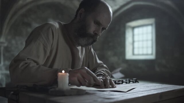 Bearded medieval man in iron cuffs pausing his writing with a quill pen and extinguishing a burning candle with his fingers, while sitting at a rustic wooden table, inside a chilly stone dungeon