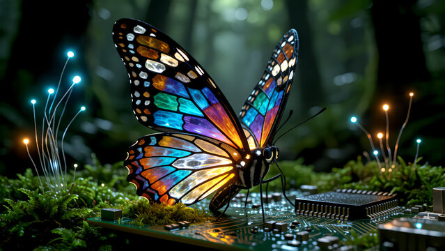 A beautiful glowing butterfly with stained glass wings resting on a computer circuit board in a magical forest.