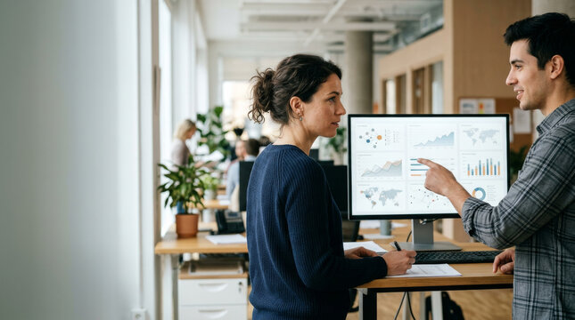 Candid workplace moment of analysts discussing an AI analytics dashboard on a large screen in a bright modern office, natural light, real teamwork, abstract non-branded charts, ample copy space.