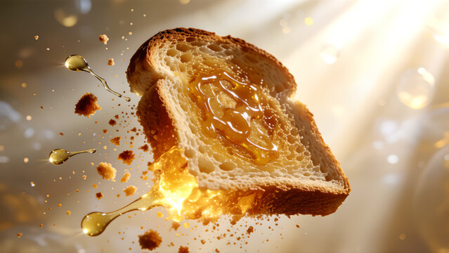 A slice of toasted bread with honey dripping and crumbs flying in the air.