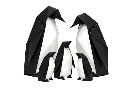 Origami Penguin Family Cluster in Black and White Paper Isolated Transparent PNG