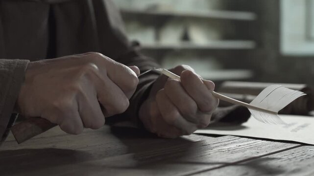 Hand of a medieval copyist sharpening the writing end of a quill pen with a penknife on a rustic table surface, inside a dark monastery workshop, tracking shot