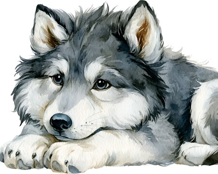 Adorable watercolor husky pup illustration lying down