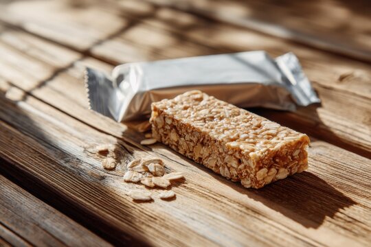 Unwrapped protein snack bar arranged on a rustic wooden surface highlighting nutritious food choice, wellness lifestyle, and healthy eating concept
