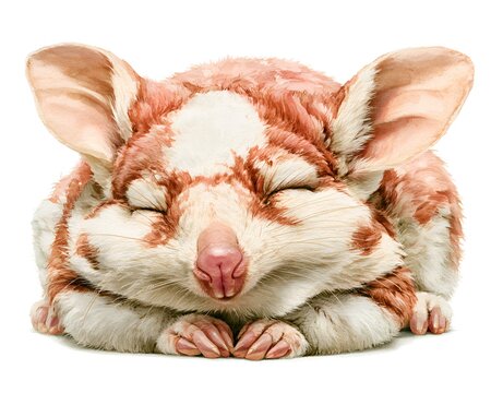 Charming striped creature napping with large ears and fluffy fur, watercolor illustration