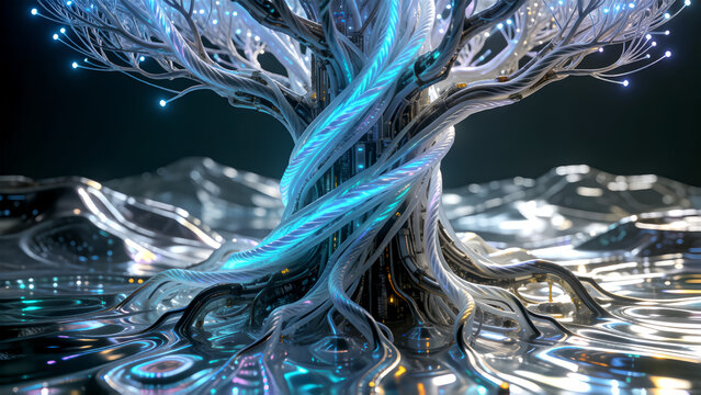 A glowing digital tree with intricate metallic roots standing in a futuristic abstract landscape.