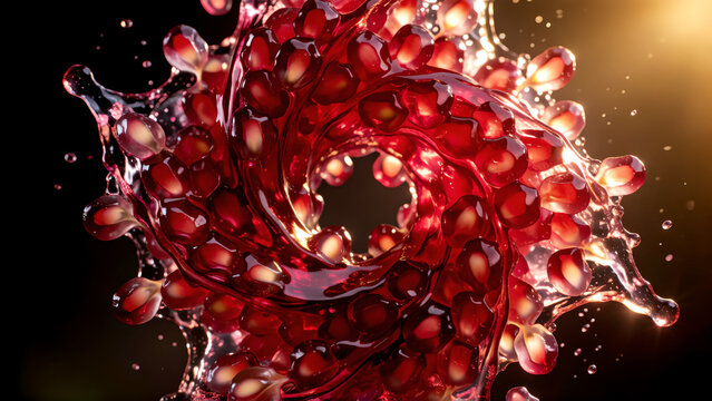 Dynamic splash of fresh pomegranate seeds and juice swirling in a vortex against a dark background.