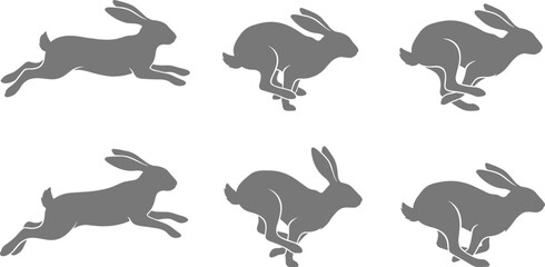 Running Rabbit and Jackrabbit Grey Silhouette Silhouette Set with Fast Hopping Hare Positions for Wildlife, Hunting, Sports, and Easter Graphic Designs © mdferozhossain