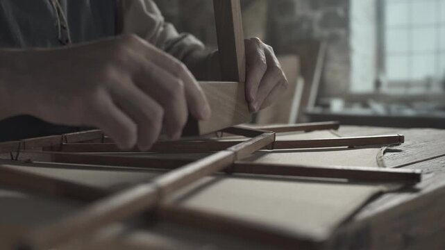 Close up of craftsman hands checking the angles of an ornithopter wing frame with a wooden angle ruler on a rough table inside a medieval workshop