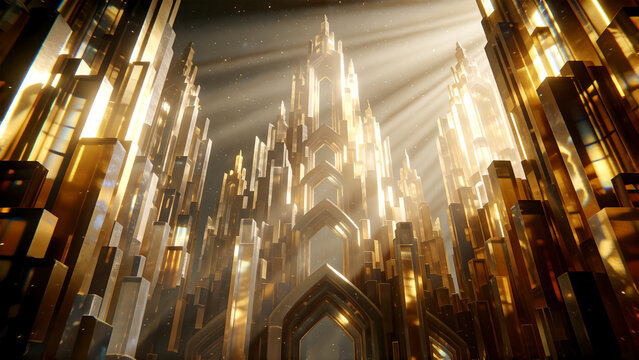 Majestic golden fantasy palace with towering spires and dramatic light rays.