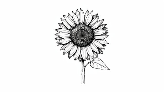 Detailed black and white hand drawn sunflower illustration isolated on white background.