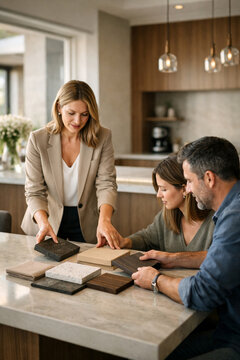 Interior designer presents wood, stone and fabric samples to homeowners across modern kitchen island, discussing renovation ideas inside luxury residence with natural daylight and copy space.