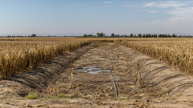 A view of a dry agricultural field with irrigation channels and sparse vegetation under a clear blue sky.