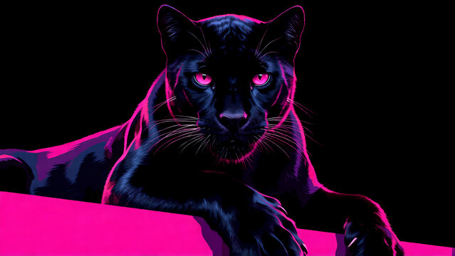 A majestic black panther with glowing pink eyes and neon lighting effects on a dark background.