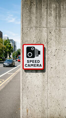Obraz premium Street Speed Camera Sign On Concrete Wall Near Roadway