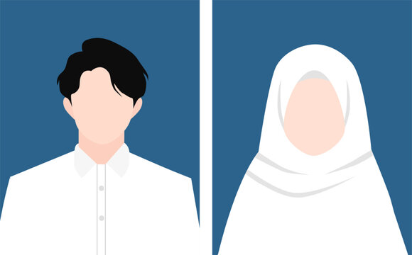 Faceless Muslim couple passport photo vector illustration. Minimalist Indonesian marriage book photo concept with bride and groom avatar isolated on blue background for wedding identity template.