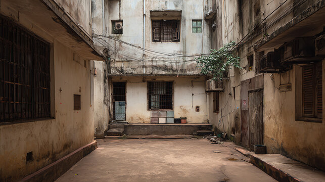 Abandoned courtyard showcasing aged walls and distressed structures, reflecting urban decay and untold stories.