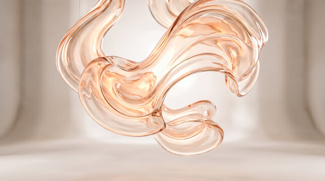 Abstract flowing rose gold glass sculpture suspended inside bright minimalist studio environment representing modern elegant luxury interior design decoration rendering concepts