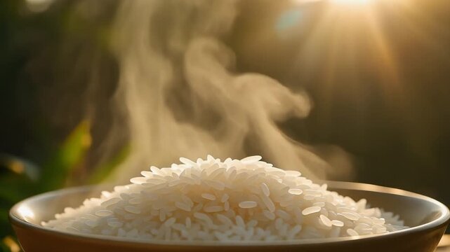 Steaming white rice in a ceramic bowl captured in motion for this warm aesthetic food video