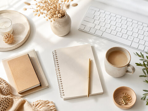 Cozy minimal workspace with notebook keyboard and coffee