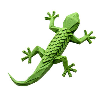 Origami Gecko with Splayed Folded Toes in Vibrant Green Paper Isolated Transparent PNG