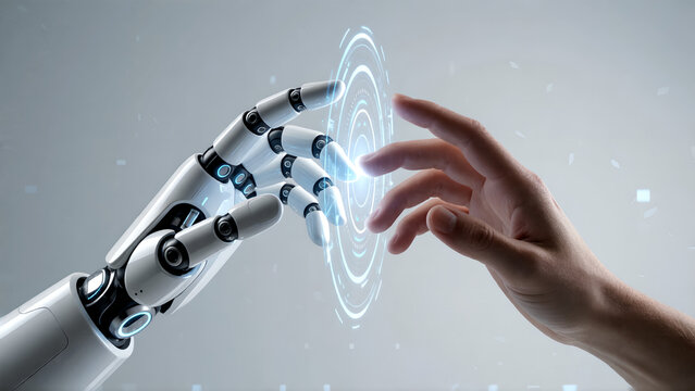A robotic hand reaching out to touch a human hand with digital interface connection.