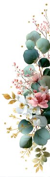 Elegant vertical bookmark design featuring delicate watercolor eucalyptus leaves, wildflowers, soft sage green and blush pink palette, minimal luxury aesthetic.