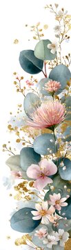 Elegant vertical bookmark design featuring delicate watercolor eucalyptus leaves, wildflowers, soft sage green and blush pink palette, minimal luxury aesthetic.