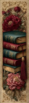 Classic vintage bookmark with stacked antique books, ornate floral frame, parchment texture, rich burgundy, emerald green and gold accents.