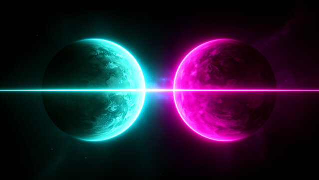 Abstract digital illustration of two glowing planets in deep space with neon light beams.