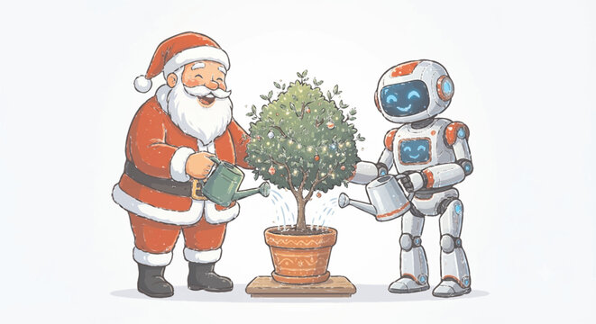 Santa Claus and Cute AI Robot Watering Christmas Tree Together for Holiday Environmental Green Future Vector Illustration