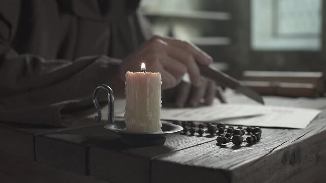 Burning candle, wooden rosary beads on a rustic table and hands of a medieval monk using a penknife tip to follow text lines on parchment inside a scriptorium, tracking shot