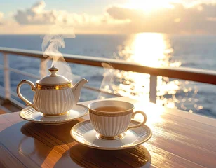 Steaming Hot Tea Served on a Cruise Ship Deck at Sunrise. © Es