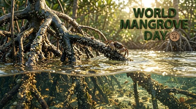Mangrove roots in water, World Mangrove Day, tropical ecosystem, coastal environment