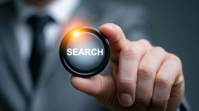 A businessman in a suit pressing a search button with his finger.