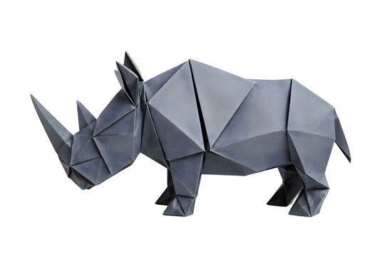 Origami Rhinoceros with Folded Horn in Slate Grey Paper Side Profile Isolated Transparent PNG
