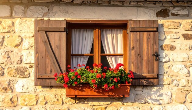Charming Rustic Window with Flower Box and Vibrant Blooms