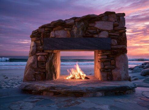 Stone fireplace with a crackling fire on a beach at sunset